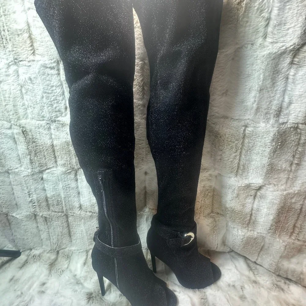 Glamour Chic Black Metallic Thread Stretch Over The Knee High Heel Boots